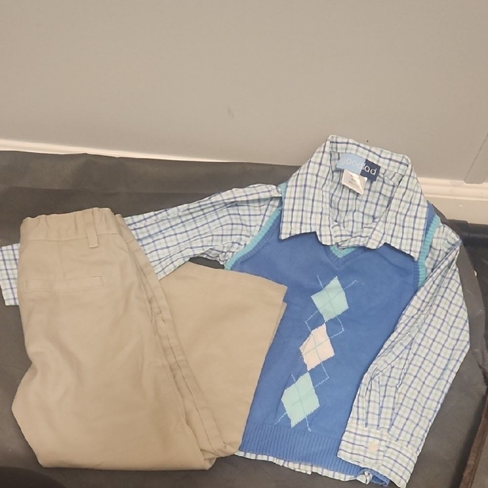 Good Lad Blue and White Plaid Shirt w/ Sweater Vest 4T & Dockers Khakis 4 Reg.